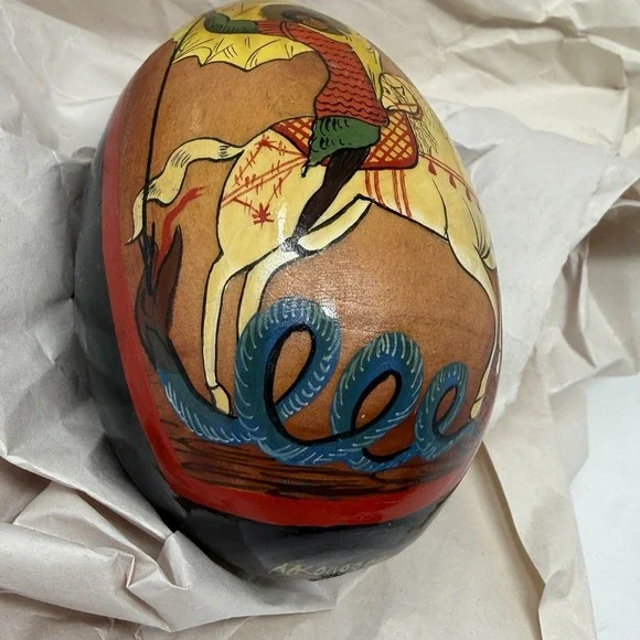 Russian Orthodox Icon Wooden Eggs Hand Painted Virgin Mary St George Signed 1991 - Picture 13 of 15